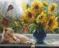 Без бренда «Подсолнухи в синей вазе возле кота» в Йошкар-Оле