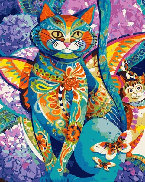 Картина по номерам 40x50 Кот среди цветов и бабочки