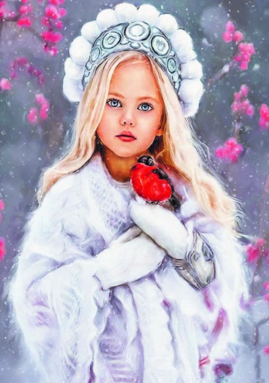 Алмазная мозаика 30x40 Милая девочка со снегирём на руках