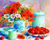 Натюрморт с черешней и полевым букетом