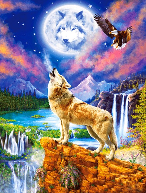 Алмазная мозаика 40x50 Волк и орел у водопадов под луной
